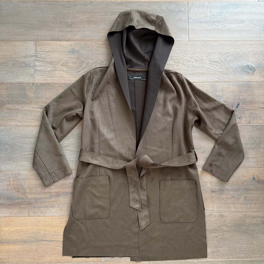 Zara Women's Faux Suede Hooded Jacket Trench Brown Belted Size XS
